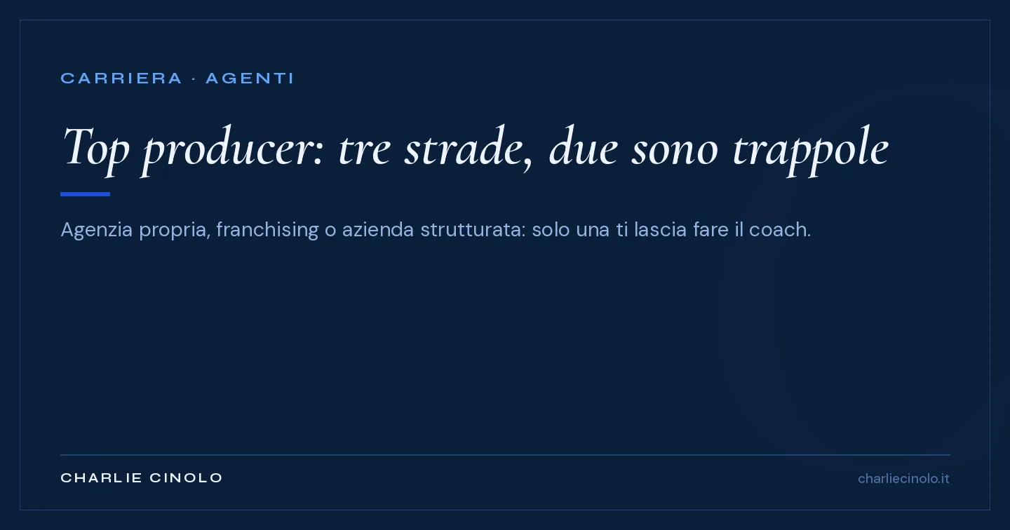 Grafica editoriale navy: i tre scenari davanti a un top producer immobiliare che ha saturato l'agenda — agenzia propria, franchising, azienda strutturata — e perché due su tre sono trappole.